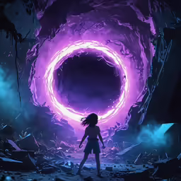 a girl looks at purple light in a darkened room