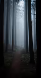a path is going through the woods in the fog