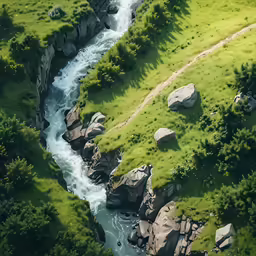 aerial view of river with rocks and grass