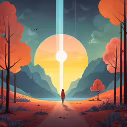 a man walking down a street with a giant object in the sky,an illustration showing a person walking toward an alien like object