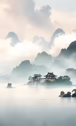a foggy scene of a resort with mountains in the background