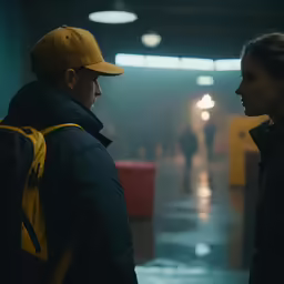 a woman in a yellow hat looks at a man in a black jacket