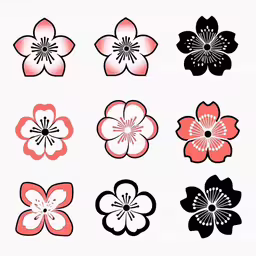 different types of flowers that are in different colors,nine flowers in red and black on a white background