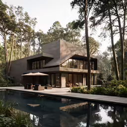 large, modern house overlooks an outdoor pool area