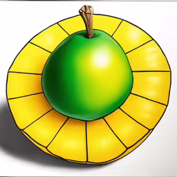 a large green apple sits atop an abstract art design