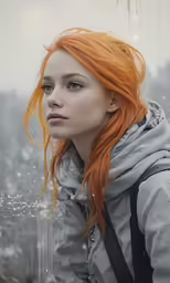 a beautiful red haired woman looking out over the water