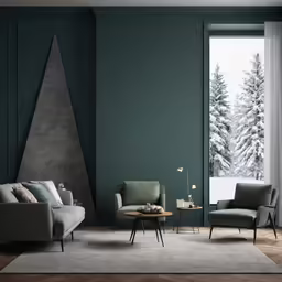 a green living room with a couch and two chairs