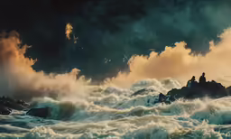 a couple of people standing on top of waves