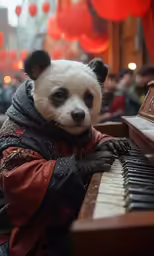 a panda bear dressed like an artist playing a organ
