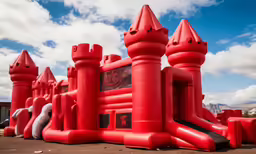 a fake red castle in the middle of a street