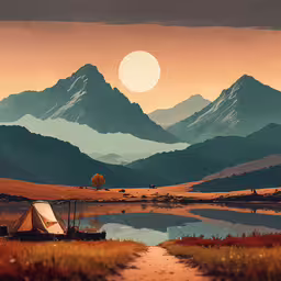 there is a camp area in the mountains,a small camping tent in the middle of a field and the setting sun
