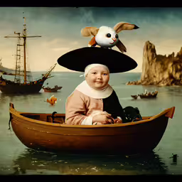 there is a baby in a small boat,this is an old fashioned photo of a baby in a boat