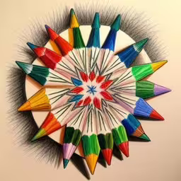 there is a colorful art with many colored pencils,a drawing of many colored pencils in the shape of a flower