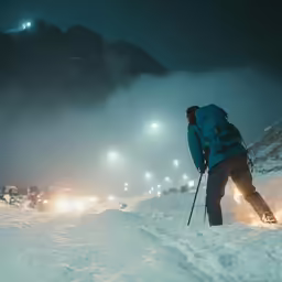 a person in a blue coat skiing down a slope
