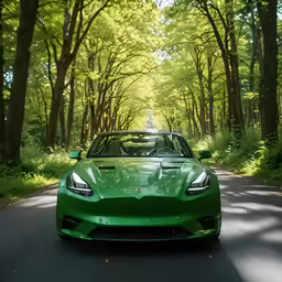 a car that is on the road near some trees