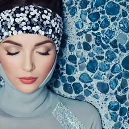 a woman in a gray and black scarf is near blue wall