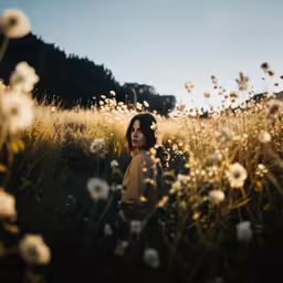 woman standing in field with flowers in front of her