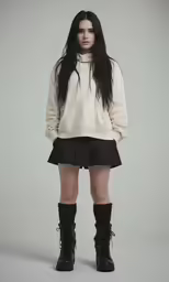 a woman in boots stands by herself on a gray background
