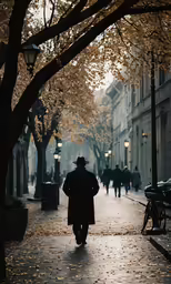 man walking in city with many trees and lights