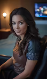 a woman sitting in a chair smiling