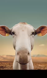 a cow with very big ears stares into the camera