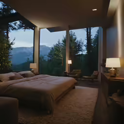 there is a big bed that is by some windows