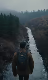 man walking away from the camera along a stream