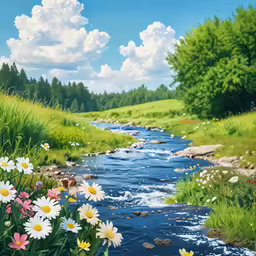 a stream runs through an open meadow with flowers