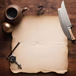 a blank parchment, keys, scissors and a teapot next to a hand held scroll