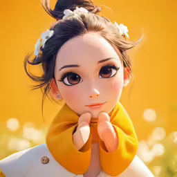 a close up of a doll with a flower in her hair