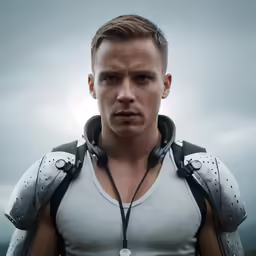 a man in headphones is standing on the grass