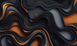 a very abstract black and orange object with some gold shapes