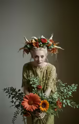 a woman is dressed in green holding flowers