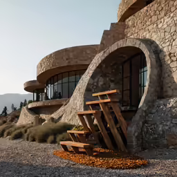 an art work of an artistic building with a spiral rock structure