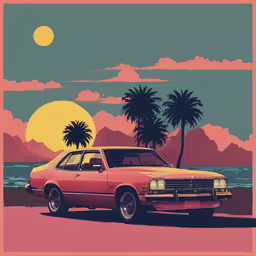 this is an image of a red car on the beach,a car parked on the beach in front of palm trees