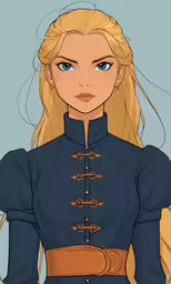 the young blonde girl with blue dress and brown belt