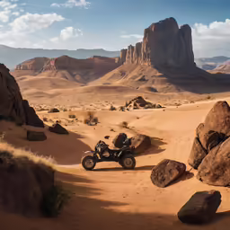 a motorcycle is driving along a rocky plain