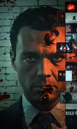 the man is looking into the camera with many images