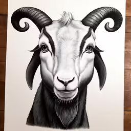 a drawing of a ram in black and white