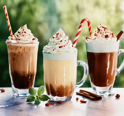 three iced beverages on table with candy canes,three coffee drinks sit on a table in glass cups