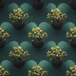 small yellow flowers sit in black planters with dark bases