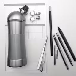 a stainless steel cup, a pencil, and markers