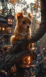a dog standing on a tree branch near a small lantern