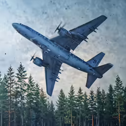 a large military airplane flying over a forest