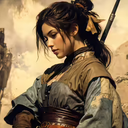 a woman holding a knife is dressed in medieval clothing