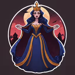 a girl in blue is dressed up in a royal dress,a cartoon - like image of a woman with her hands in her pockets and a crown on