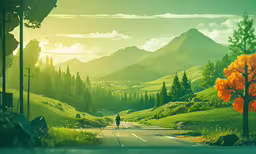 a person is walking along the road in an animated scenery,a painting of an person on a bike passing a mountain