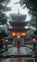 a woman wearing a long red dress is walking across the pavement towards an asian building