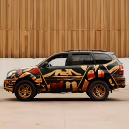 a vehicle with several colorful designs painted on it