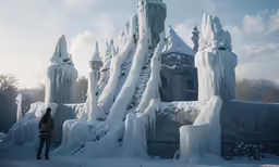 a man standing next to an elaborate ice sculpture
